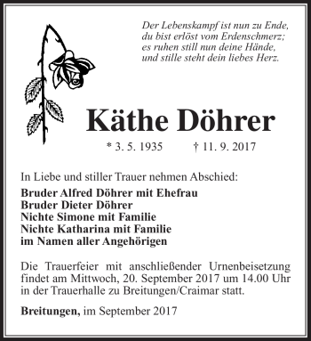 Traueranzeige von Käthe Döhrer von Südthüringer Presse