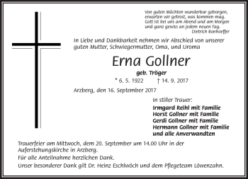 Traueranzeige von Erna Gollner von Frankenpost