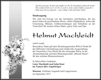 Traueranzeige von Helmut Machleidt von Südthüringer Presse