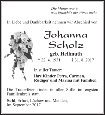 Traueranzeige von Johanna Scholz von Südthüringer Presse