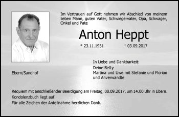 Traueranzeige von Anton Heppt von Neue Presse Coburg