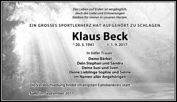 Traueranzeige von Klaus Beck von Südthüringer Presse