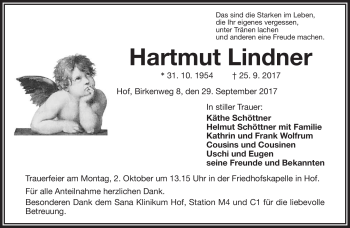 Traueranzeige von Hartmut Lindner von Frankenpost