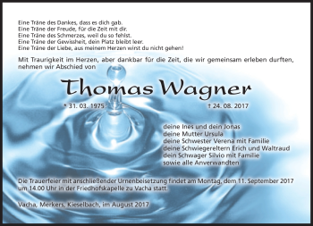 Traueranzeige von Thomas Wagner von Südthüringer Presse
