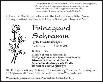 Traueranzeige von Friedgard Schramm von Südthüringer Presse