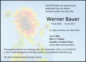 Traueranzeige von Werner Bauer von Frankenpost