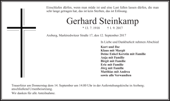 Traueranzeige von Gerhard Steinkamp von Frankenpost