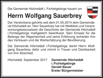 Traueranzeige von Wolfgang Sauerbrey von Frankenpost