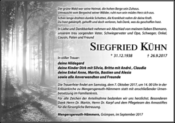 Traueranzeige von Siegfried Kühn von Südthüringer Presse