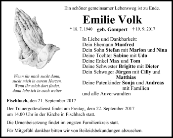 Traueranzeige von Emilie Volk von Neue Presse Coburg