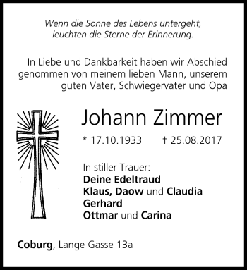 Traueranzeige von Johann Zimmer von Neue Presse Coburg