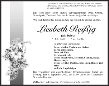 Traueranzeige von Liesbeth Reißig von Südthüringer Presse