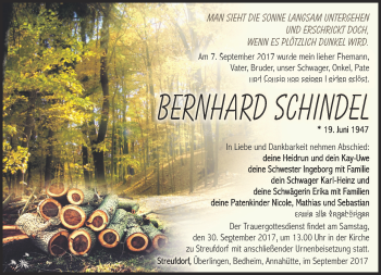 Traueranzeige von Bernhard Schindel von Südthüringer Presse