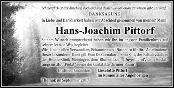 Traueranzeige von Hans-Joachim Pittorf von Südthüringer Presse