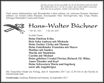 Traueranzeige von Hans?Walter Büchner von Südthüringer Presse