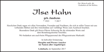 Traueranzeige von Ilse Hahn von Südthüringer Presse