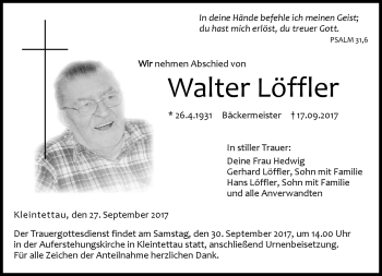 Traueranzeige von Walter Löffler von Neue Presse Coburg
