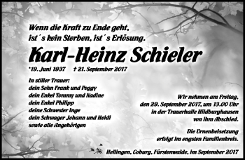 Traueranzeige von Karl-Heinz Schieler von Südthüringer Presse