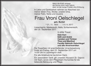 Traueranzeige von Vroni Oelschlegel von Frankenpost