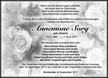 Traueranzeige von Annemone Sorg von Südthüringer Presse