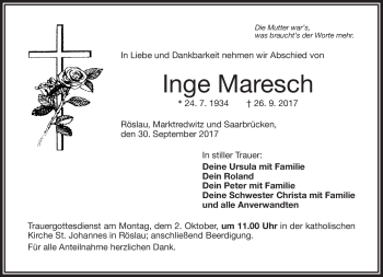 Traueranzeige von Inge Maresch von Frankenpost
