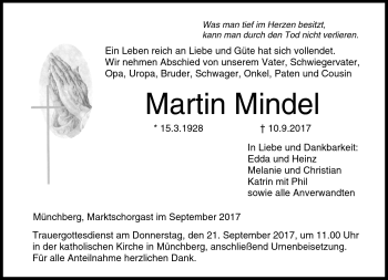 Traueranzeige von Martin Mindel von Frankenpost