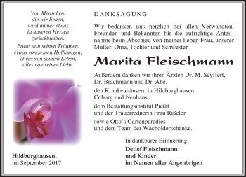 Traueranzeige von Marita Fleischmann von Südthüringer Presse