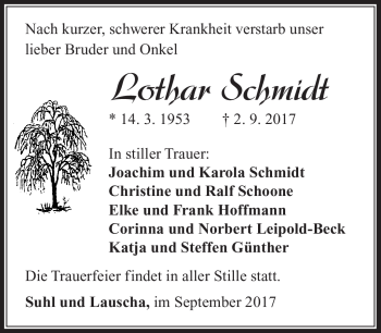 Traueranzeige von Lothar Schmidt von Südthüringer Presse