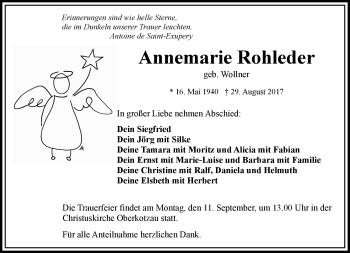 Traueranzeige von Annemarie Rohleder von Frankenpost