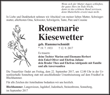 Traueranzeige von Rosemarie Kiesewetter von Südthüringer Presse