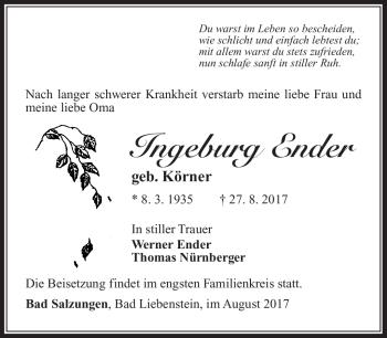 Traueranzeige von Ingeburg Ender von Südthüringer Presse