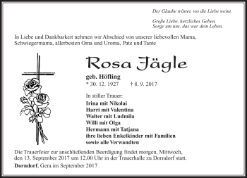 Traueranzeige von Rosa Jägle von Südthüringer Presse