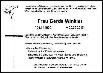 Traueranzeige von Gerda Winkler von Frankenpost