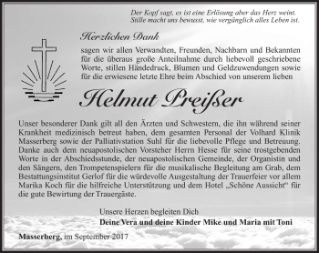 Traueranzeige von Helmut Preißer von Südthüringer Presse