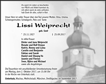 Traueranzeige von Lissi Weiprecht von Südthüringer Presse