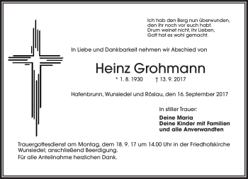 Traueranzeige von Heinz Grohmann von Frankenpost