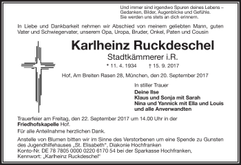 Traueranzeige von Karlheinz Ruckdeschel von Frankenpost