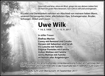 Traueranzeige von Uwe Wilk von Südthüringer Presse