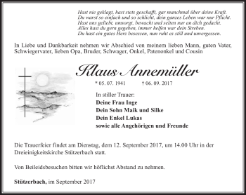 Traueranzeige von Klaus Annemüller von Südthüringer Presse