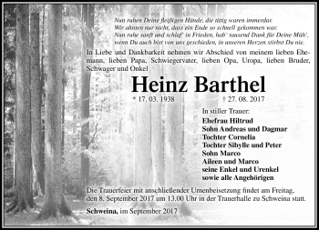 Traueranzeige von Heinz Barthel von Südthüringer Presse