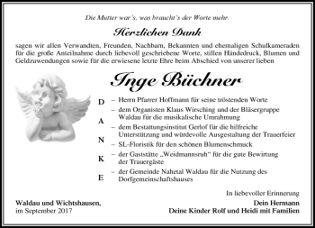 Traueranzeige von Inge Büchner von Südthüringer Presse