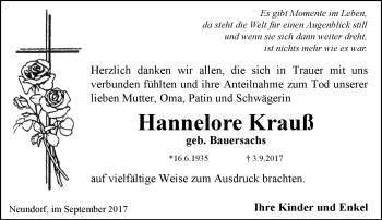 Traueranzeige von Hannelore Krauß von Neue Presse Coburg