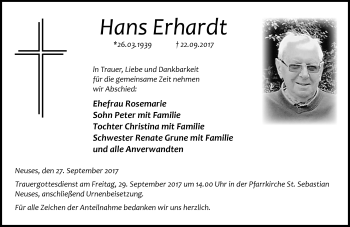 Traueranzeige von Hans Erhardt von Neue Presse Coburg