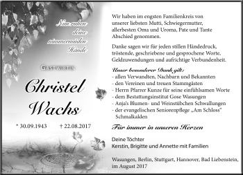 Traueranzeige von Christel Wachs von Südthüringer Presse