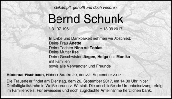 Traueranzeige von Bernd Schunk von Neue Presse Coburg