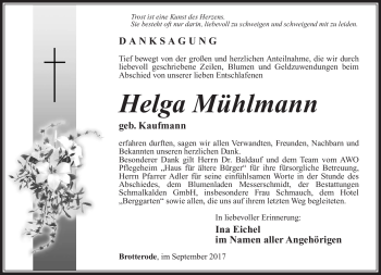 Traueranzeige von Helga Mühlmann von Südthüringer Presse
