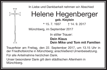 Traueranzeige von Helene Hegenberger von Frankenpost
