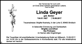 Traueranzeige von Linda Geyer von Frankenpost
