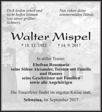 Traueranzeige von Walter Mispel von Südthüringer Presse