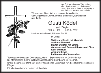 Traueranzeige von Gusti Ködel von Frankenpost